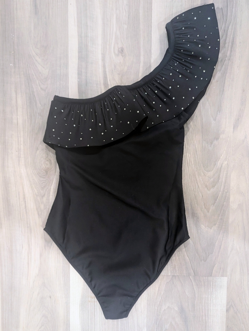 GANNI | Ruffled Rhinestone One-Shoulder Bodysuit In Black - Picture 4 of 11